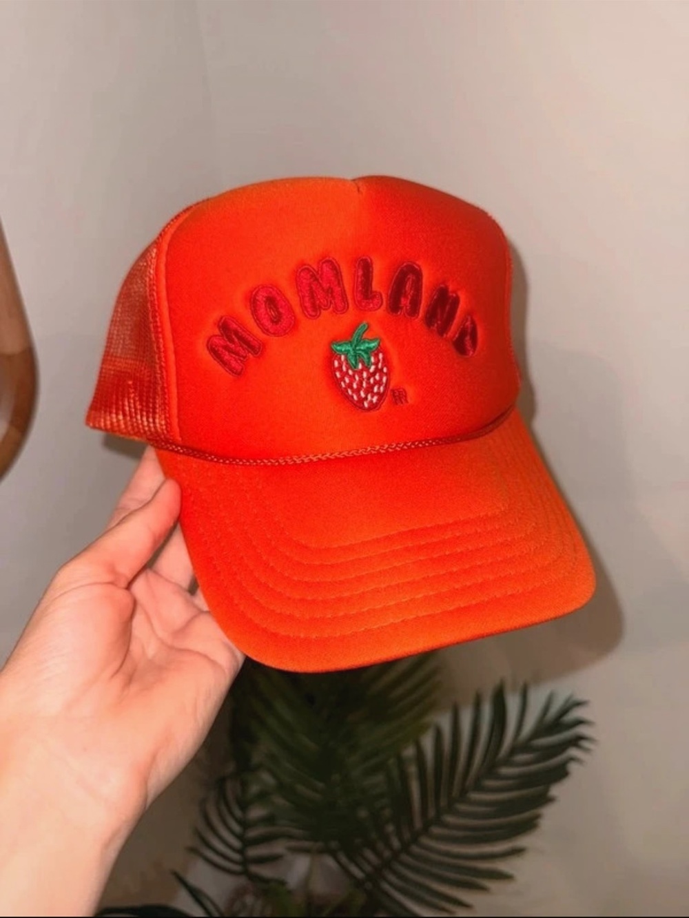 Mommday momland OTTO womens Bright Orange Mesh Trucker Hat with strawberry